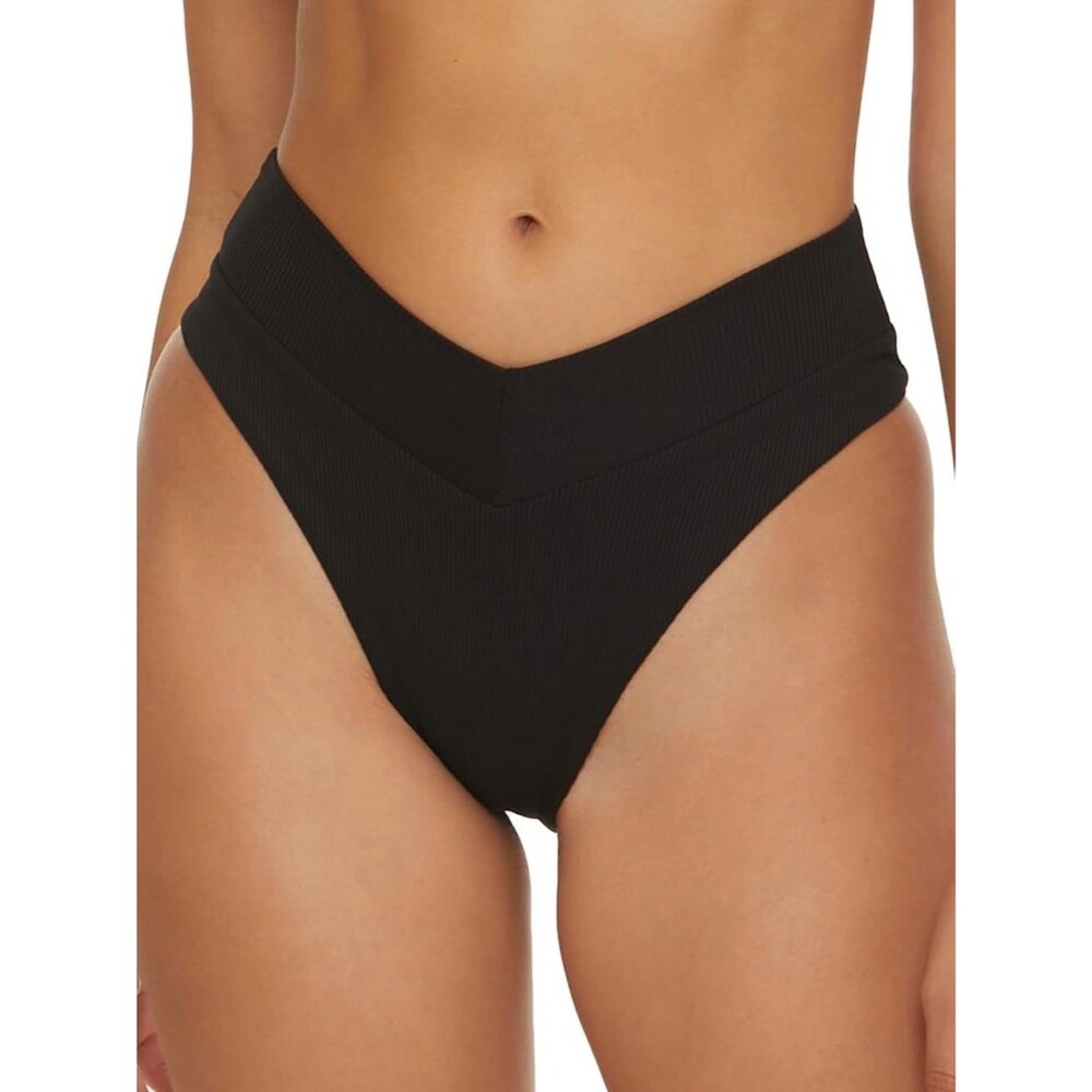 NWT BECCA Ribbed High Waist French Cut Bikini Bottom Black Size Large Swimwear